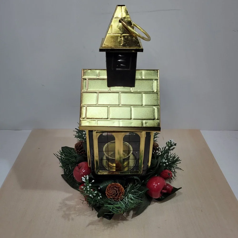 Vintage Gold Church Lantern With‎ Christmas Wreath Accent Decor
